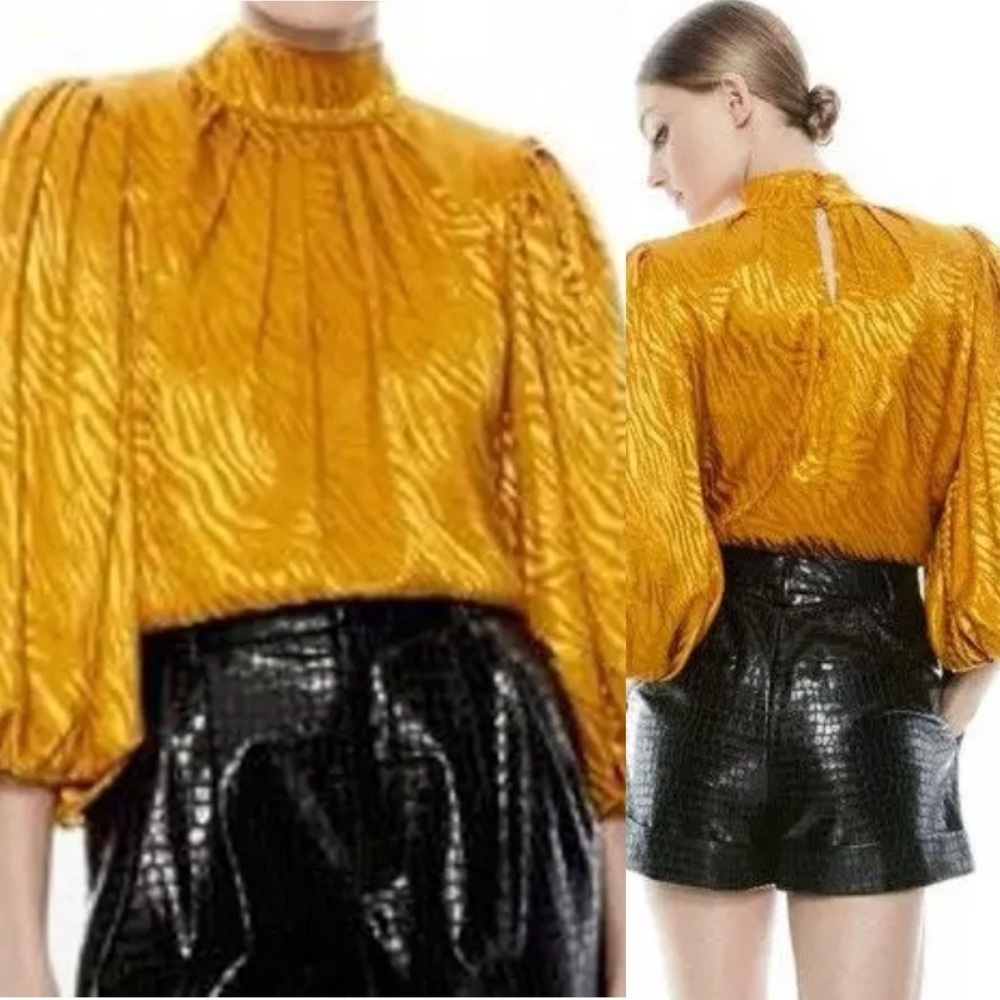 Alice + Olivia Annabelle Pleated Autumn Gold Puff Sleeve Mock Neck Top Women’s S